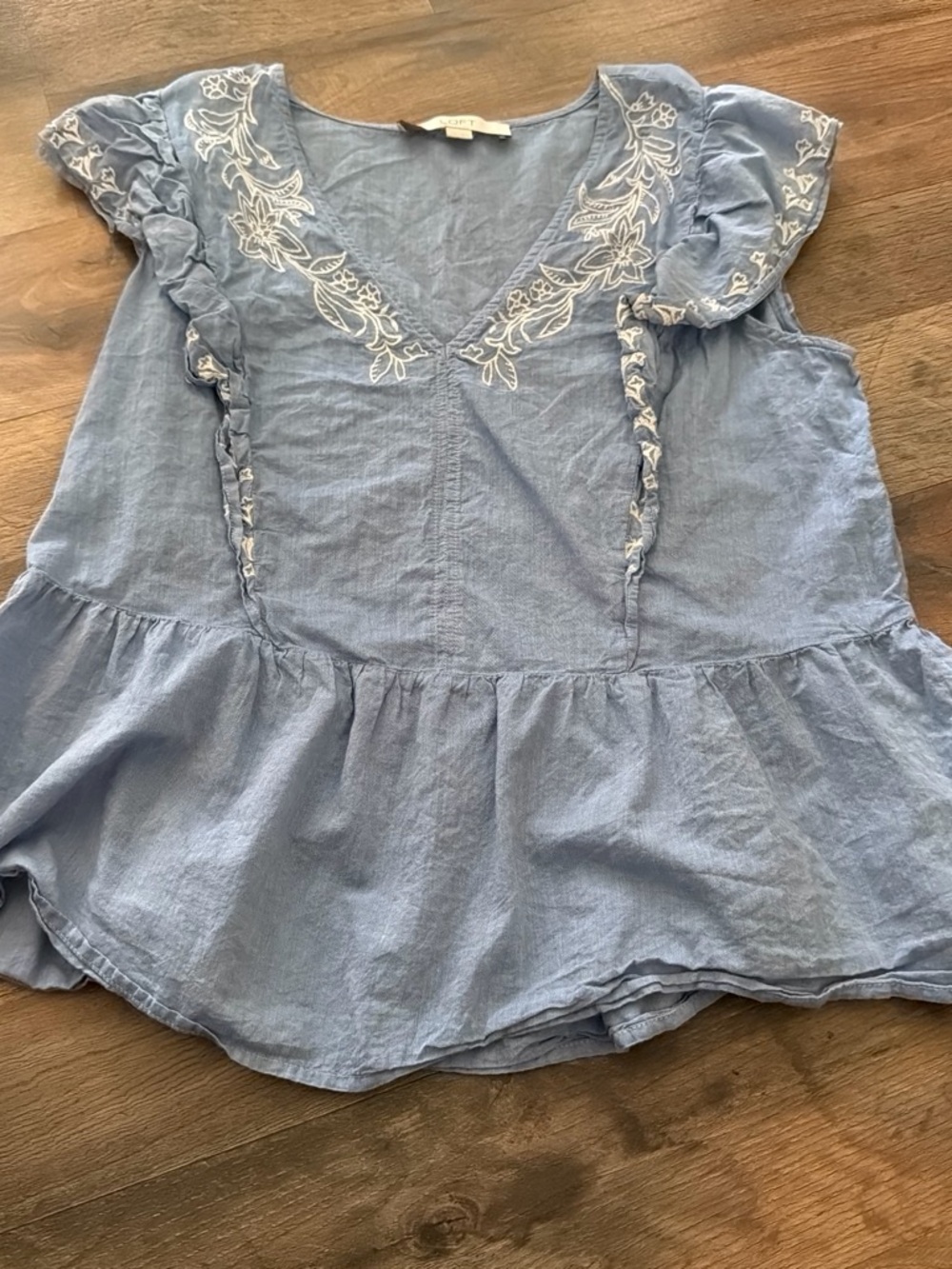 LOFT Light Blue Embroidered V-Neck Peplum Blouse